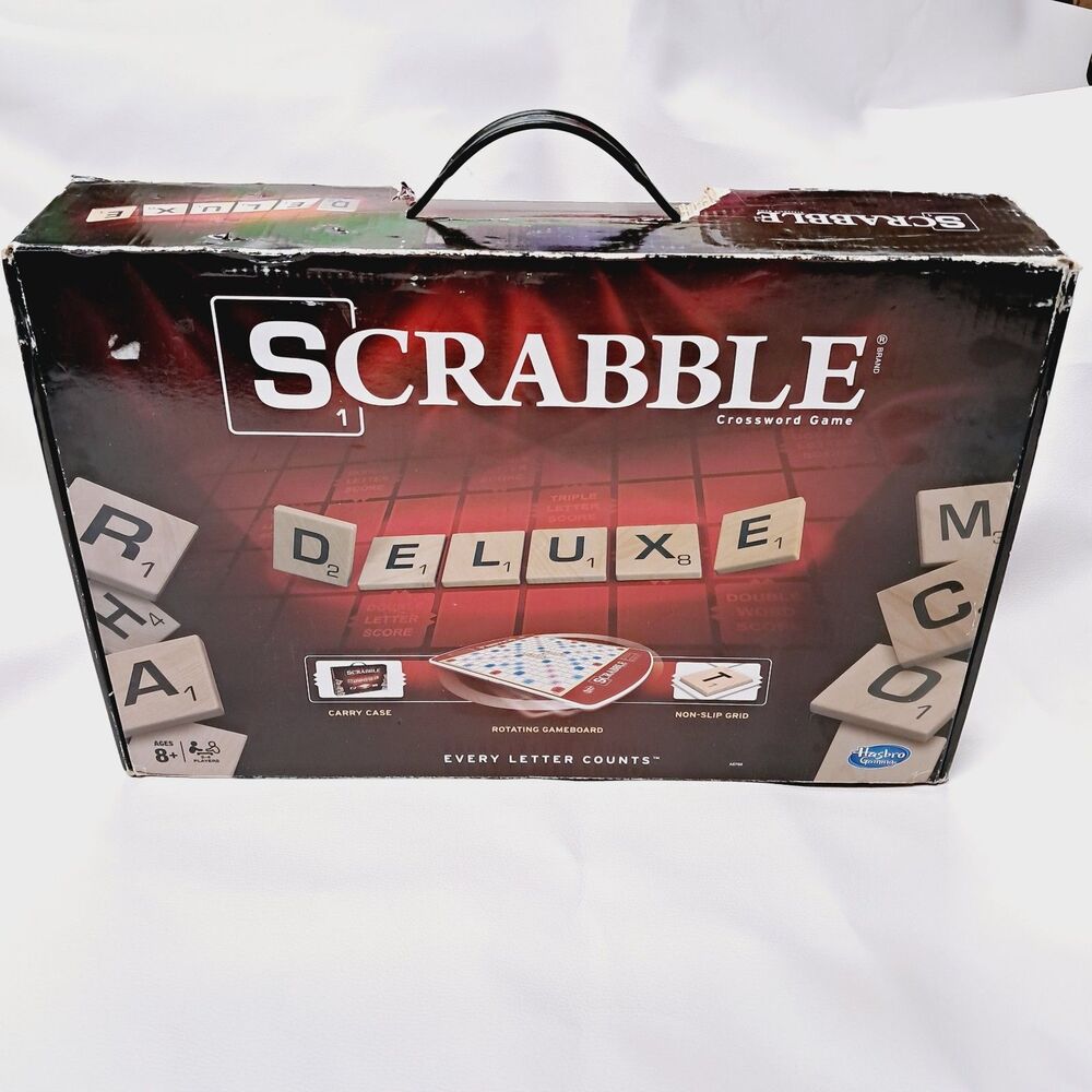 Hasbro Scrabble Game Deluxe Edition Board Game Rotating Carry Case New Open Box
